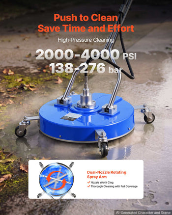 20 inch Pressure Washer Surface Cleaner, Raised Handle, ABS Blue, Power Washer Attachment with Wheels for Concrete, Patio, Sidewalk, Deck, Driveway, Floor, 4000 Max PSI, 3/8 Quick Connector