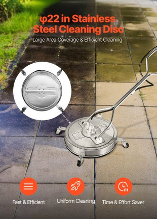 22" Pressure Washer Surface Cleaner, Stainless Steel Pressure Washer Attachments with 4 Wheels, 4500 Max PSI, 3/8 Quick Connector, 2 Spray Nozzles, Dual Handle, for Concrete, Patio, Sidewalk