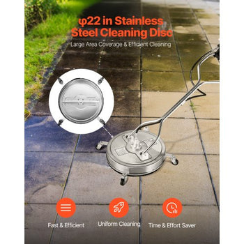 22" Pressure Washer Surface Cleaner, Stainless Steel Pressure Washer Attachments with 4 Wheels, 4500 Max PSI, 3/8 Quick Connector, 2 Spray Nozzles, Dual Handle, for Concrete, Patio, Sidewalk