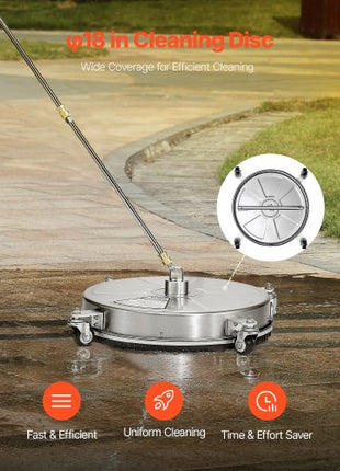 18" Pressure Washer Surface Cleaner, Stainless Steel Pressure Washer Attachments with 4 Wheels, 4000 Max PSI, 1/4 Quick Connector, 2 Spray Nozzles, 2 Extended Wands for Concrete, Patio, Deck