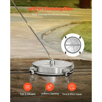18" Pressure Washer Surface Cleaner, Stainless Steel Pressure Washer Attachments with 4 Wheels, 4000 Max PSI, 1/4 Quick Connector, 2 Spray Nozzles, 2 Extended Wands for Concrete, Patio, Deck
