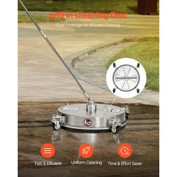 15" Pressure Washer Surface Cleaner, Stainless Steel Pressure Washer Attachments with 4 Wheels, 4000 Max PSI, 1/4 Quick Connector, 2 Spray Nozzles, 2 Extended Wands for Concrete, Patio, Deck