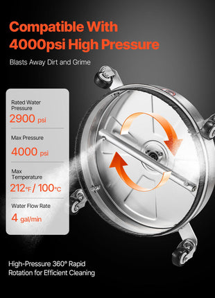 15" Pressure Washer Surface Cleaner, Stainless Steel Pressure Washer Attachments with 4 Wheels, 4000 Max PSI, 1/4 Quick Connector, 2 Spray Nozzles, 2 Extended Wands for Concrete, Patio, Deck
