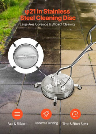 21" Pressure Washer Surface Cleaner, Stainless Steel Pressure Washer Attachments with 4 Wheels, 4500 Max PSI, 3/8 Quick Connector, 2 Spray Nozzles, Dual Handle, for Concrete, Patio, Sidewalk