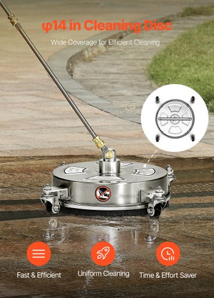 14" Pressure Washer Surface Cleaner, Stainless Steel Pressure Washer Attachments with 4 Wheels, 4000 Max PSI, 1/4 Quick Connector, 2 Spray Nozzles, 2 Extended Wands for Concrete, Patio, Deck