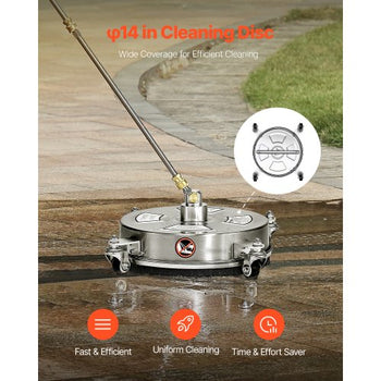 14" Pressure Washer Surface Cleaner, Stainless Steel Pressure Washer Attachments with 4 Wheels, 4000 Max PSI, 1/4 Quick Connector, 2 Spray Nozzles, 2 Extended Wands for Concrete, Patio, Deck