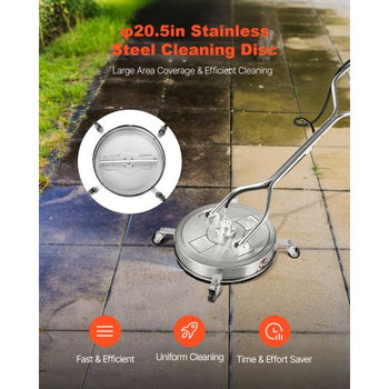 20" Pressure Washer Surface Cleaner, Stainless Steel Pressure Washer Attachments with 4 Wheels, 4000 Max PSI, 3/8 Quick Connector, 2 Spray Nozzles, Dual Handle, for Concrete, Patio, Sidewalk