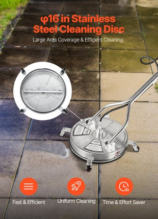 18" Pressure Washer Surface Cleaner, Stainless Steel Pressure Washer Attachments with 4 Wheels, 4000 Max PSI, 3/8 Quick Connector, 2 Spray Nozzles, Dual Handle, for Concrete, Patio, Sidewalk