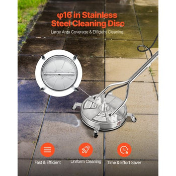 18" Pressure Washer Surface Cleaner, Stainless Steel Pressure Washer Attachments with 4 Wheels, 4000 Max PSI, 3/8 Quick Connector, 2 Spray Nozzles, Dual Handle, for Concrete, Patio, Sidewalk