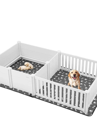Dogs Whelping Box, 93.3x48.4x18.1 inch, Plastic PVC Puppies Playpen with Height Adjustable Door and Washable Pee Pad, 2-Room Layout Indoor Puppy Play Pen for Extra Large Breed Dogs, Milk White