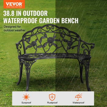 Outdoor Bench, 38.8 inches Metal Garden Bench for Outdoors,480 lbs Load Capacity Bench, Outdoor Garden Park Bench with Backrest and Armrests, Patio Bench for Garden, Park, Yard, Front Porch