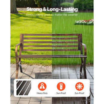 Outdoor Bench, 50 inch, Carbon Steel Metal Frame with Slatted Pattern Backrest and Round Edge Armrests, Weatherproof Outside Bench for Patio, Garden, Park, Yard, Front Porch, Antique Bronze