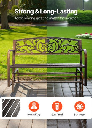 Outdoor Bench, 50 inch, Carbon Steel Metal Frame with Cast Iron Backrest and Round Edge Armrests, Weatherproof Outside Glider Bench for Patio, Garden, Park, Yard, Front Porch, Antique Bronze