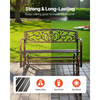 Outdoor Bench, 50 inch, Carbon Steel Metal Frame with Cast Iron Backrest and Round Edge Armrests, Weatherproof Outside Glider Bench for Patio, Garden, Park, Yard, Front Porch, Antique Bronze