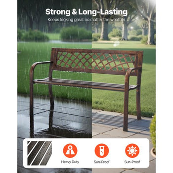 Outdoor Bench, 46 inch, Carbon Steel Metal Frame with PVC Mesh Pattern Backrest and Round Edge Armrests, Weatherproof Outside Bench for Patio, Garden, Park, Yard, Front Porch, Antique Bronze