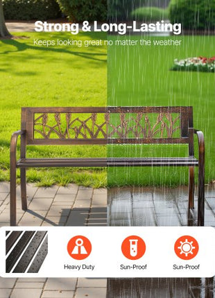 Outdoor Bench, 50 inch, Carbon Steel Metal Frame with PVC Floral Pattern Backrest and Round Edge Armrests, Weatherproof Outside Bench for Patio, Garden, Park, Yard, Front Porch, Antique Bronze