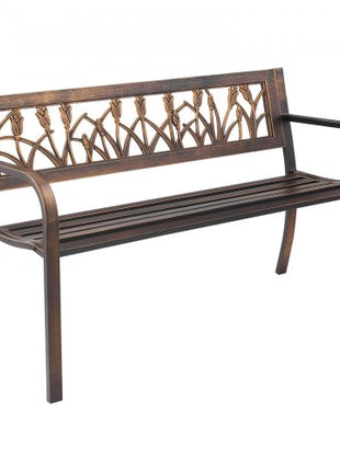 Outdoor Bench, 50 inch, Carbon Steel Metal Frame with PVC Floral Pattern Backrest and Round Edge Armrests, Weatherproof Outside Bench for Patio, Garden, Park, Yard, Front Porch, Antique Bronze