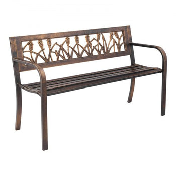 Outdoor Bench, 50 inch, Carbon Steel Metal Frame with PVC Floral Pattern Backrest and Round Edge Armrests, Weatherproof Outside Bench for Patio, Garden, Park, Yard, Front Porch, Antique Bronze