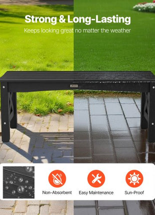 Outdoor Bench, 44.5 inch, 600 lbs Weight Capacity, Weatherproof Plastic Frame with Adjustable Level Footpads and Thick Leg, Outside Bench for Patio, Garden, Park, Yard, Front Porch, Black