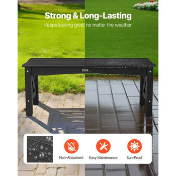 Outdoor Bench, 44.5 inch, 600 lbs Weight Capacity, Weatherproof Plastic Frame with Adjustable Level Footpads and Thick Leg, Outside Bench for Patio, Garden, Park, Yard, Front Porch, Black