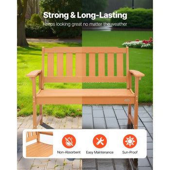 Outdoor Bench, 50.5 inch, 800 lbs Weight Capacity for 2-3 Persons, Weatherproof Plastic Frame with Backrest and Wide Armrests, Outside Bench for Patio, Garden, Park, Yard, Natural Wood Color