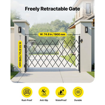 Single Folding Security Gate, Lockable Scissor Gate with 360° Swivel Casters, Outdoor Barricade Steel Retractable Gates, for Entry Security, Garage, Warehouse & Pool, 74.80 x 51.57 in (W x H)