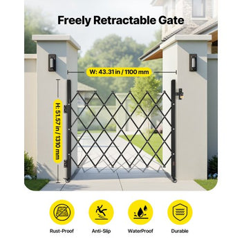 Single Folding Security Gate, Lockable Scissor Gate with 360° Swivel Casters, Outdoor Barricade Steel Retractable Gates, for Entry Security, Garage, Warehouse & Pool, 43.31 x 51.57 in (W x H)