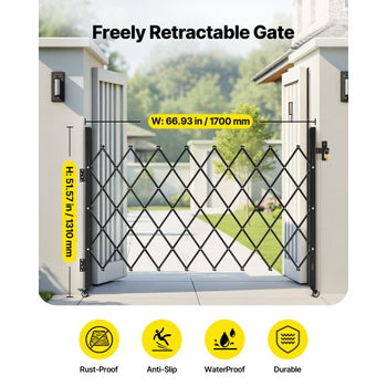 Single Folding Security Gate, Lockable Scissor Gate with 360° Swivel Casters, Outdoor Barricade Steel Retractable Gates, for Entry Security, Garage, Warehouse & Pool, 66.93 x 51.57 in (W x H)