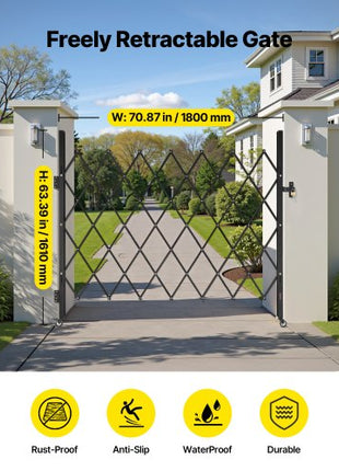 Single Folding Security Gate, Lockable Scissor Gate with 360° Swivel Casters, Outdoor Barricade Steel Retractable Gates, for Entry Security, Garage, Warehouse & Pool, 70.87 x 63.39 in (W x H)