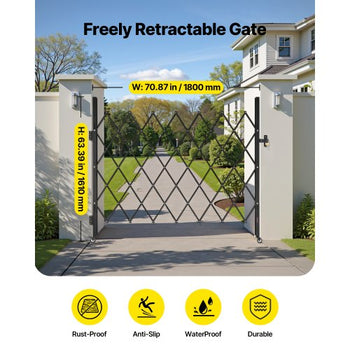 Single Folding Security Gate, Lockable Scissor Gate with 360° Swivel Casters, Outdoor Barricade Steel Retractable Gates, for Entry Security, Garage, Warehouse & Pool, 70.87 x 63.39 in (W x H)