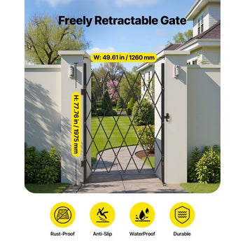 Single Folding Security Gate, Lockable Scissor Gate with 360° Swivel Casters, Outdoor Barricade Steel Retractable Gates, for Entry Security, Garage, Warehouse & Pool, 49.61 x 77.76 in (W x H)