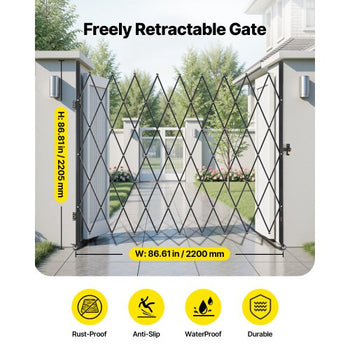 Single Folding Security Gate, Lockable Scissor Gate with 360° Swivel Casters, Outdoor Barricade Steel Retractable Gates, for Entry Security, Garage, Warehouse & Pool, 86.61 x 86.81 in (W x H)