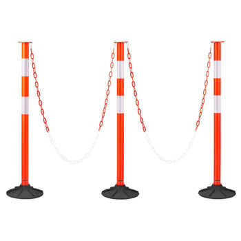 3 Pack Traffic Delineator Posts, 34 in Traffic Safety Cones with Weighted Base, Reflective Strips and Chain, Heavy Duty Delineator Posts for Construction Site, Parking Lot, Crowd Control, Red