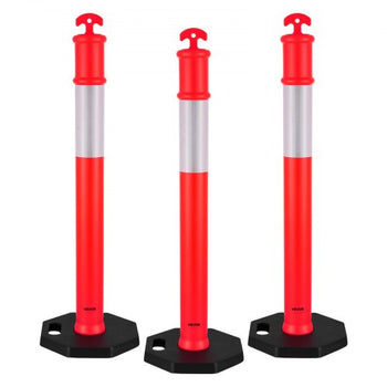 3 Pack Traffic Delineator Posts, 48 inches Traffic Safety Cones with Weighted Base and Reflective Strips, Heavy Duty Delineator Posts for Construction Site, Parking Lot, Crowd Control, Red