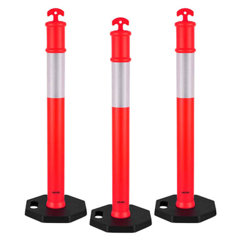 3 Pack Traffic Delineator Posts, 48 inches Traffic Safety Cones with Weighted Base and Reflective Strips, Heavy Duty Delineator Posts for Construction Site, Parking Lot, Crowd Control, Red