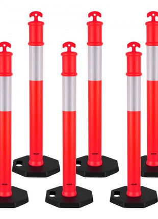 6 Pack Traffic Delineator Posts, 48 inches Traffic Safety Cones with Weighted Base and Reflective Strips, Heavy Duty Delineator Posts for Construction Site, Parking Lot, Crowd Control, Red