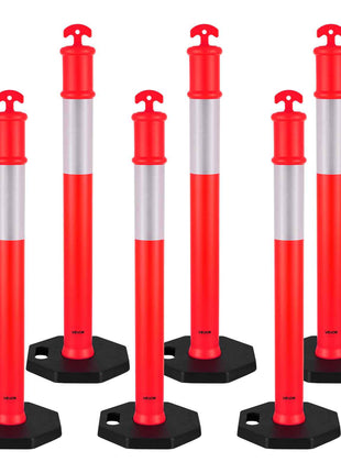 6 Pack Traffic Delineator Posts, 48 inches Traffic Safety Cones with Weighted Base and Reflective Strips, Heavy Duty Delineator Posts for Construction Site, Parking Lot, Crowd Control, Red