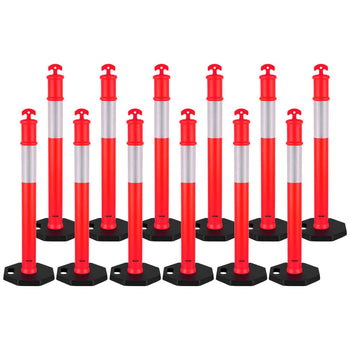 12 Pack Traffic Delineator Posts, 48 inches Traffic Safety Cones with Weighted Base and Reflective Strips, Heavy Duty Delineator Posts for Construction Site, Parking Lot, Crowd Control, Red