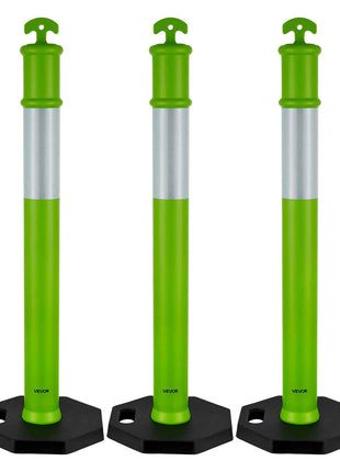 3 Pack Traffic Delineator Posts, 48 inches Traffic Safety Cones with Weighted Base and Reflective Strips, Heavy Duty Delineator Posts for Construction Site, Parking Lot, Crowd Control, Green