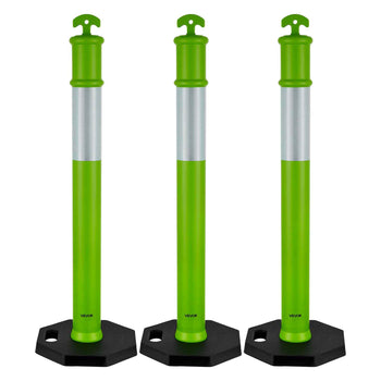 3 Pack Traffic Delineator Posts, 48 inches Traffic Safety Cones with Weighted Base and Reflective Strips, Heavy Duty Delineator Posts for Construction Site, Parking Lot, Crowd Control, Green
