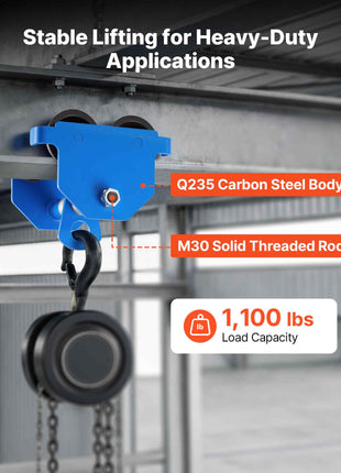 Manual Trolley, 1100 lbs/0.5 Ton Capacity, Push Beam Trolley with Dual Wheels, Adjustable for I-Beam Flange Width 2.1" to 5.5", Heavy Duty Carbon Steel Garage Hoist for Straight & Curved I Beam