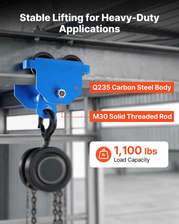 Manual Trolley, 1100 lbs/0.5 Ton Capacity, Push Beam Trolley with Dual Wheels, Adjustable for I-Beam Flange Width 2.1" to 5.5", Heavy Duty Carbon Steel Garage Hoist for Straight & Curved I Beam