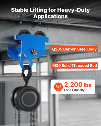 Manual Trolley, 2200 lbs/1 Ton Load Capacity, Push Beam Trolley with Dual Wheels, Adjustable for I-Beam Flange Width 2.4" to 7", Heavy Duty Carbon Steel Garage Hoist for Straight & Curved I Beam