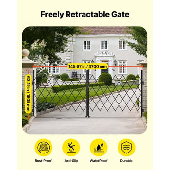 Double Folding Security Gate, Lockable Scissor Gate with 360° Swivel Casters, Outdoor Barricade Steel Retractable Gates, for Entry Security, Garage, Warehouse & Pool, 145.67 x 63.19 in (W x H)