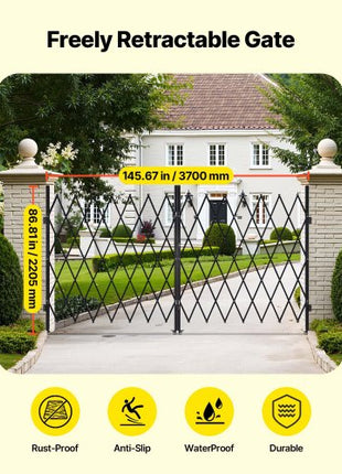 Double Folding Security Gate, Lockable Scissor Gate with 360° Swivel Casters, Outdoor Barricade Steel Retractable Gates, for Entry Security, Garage, Warehouse & Pool, 145.67 x 86.81 in (W x H)