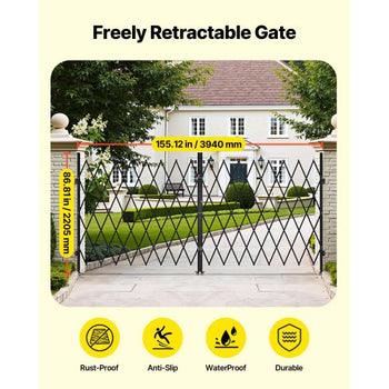 Double Folding Security Gate, Lockable Scissor Gate with 360° Swivel Casters, Outdoor Barricade Steel Retractable Gates, for Entry Security, Garage, Warehouse & Pool, 155.12 x 86.81 in (W x H)