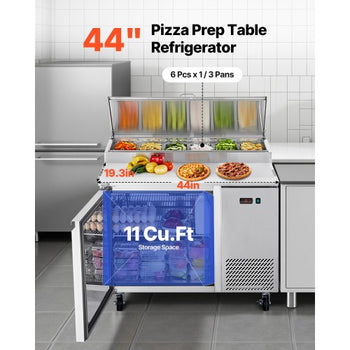 Commercial Refrigerator, 44" W Pizza Prep Refrigerated Table, 20" Ultra Wide Countertop Food Prep Worktable, 11 Cu.Ft Single Door Salad Prep Fridge, 6 Pans Pizza Make Worktop with Cutting Board