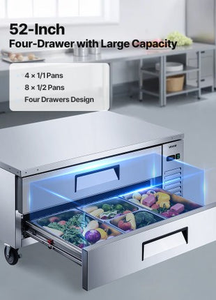 Chef Base Refrigerator, 52" W Commercial Chef Bases Worktop Refrigerators, 2-Drawer Under Counter Fridge with 8 Pans Stainless Steel, Heavy-Duty Refrigerated Base, Invisible Door Handle