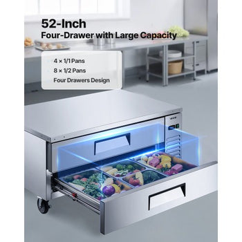 Chef Base Refrigerator, 52" W Commercial Chef Bases Worktop Refrigerators, 2-Drawer Under Counter Fridge with 8 Pans Stainless Steel, Heavy-Duty Refrigerated Base, Invisible Door Handle