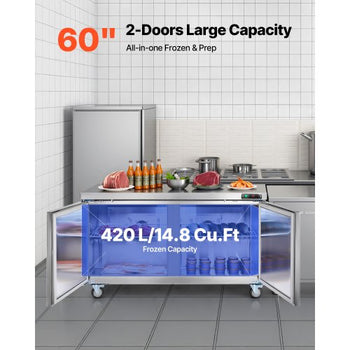 60" W Commercial Freezer, 14.8 Cu.Ft Worktop Freezers Undercounter with LED Auto Lighting and Lockable Door, 2 Doors Food Freezing Prep Worktable, Stainless Steel Prep Frozen Table with Casters